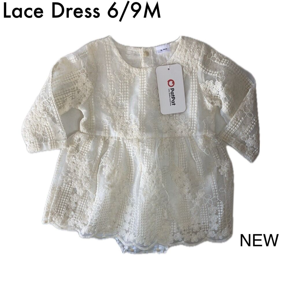 PatPat Baby Girl Lace Long Sleeve Romper Dress 6-9M Ivory NWT